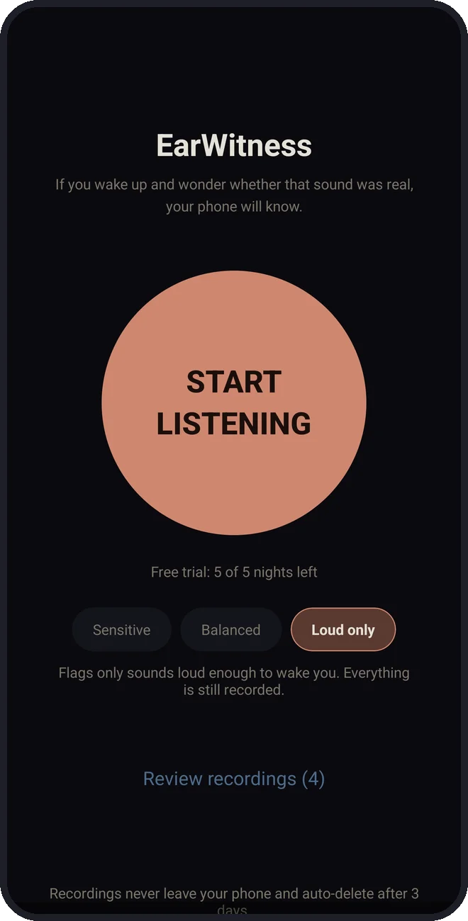 EarWitness home screen with one large START LISTENING button