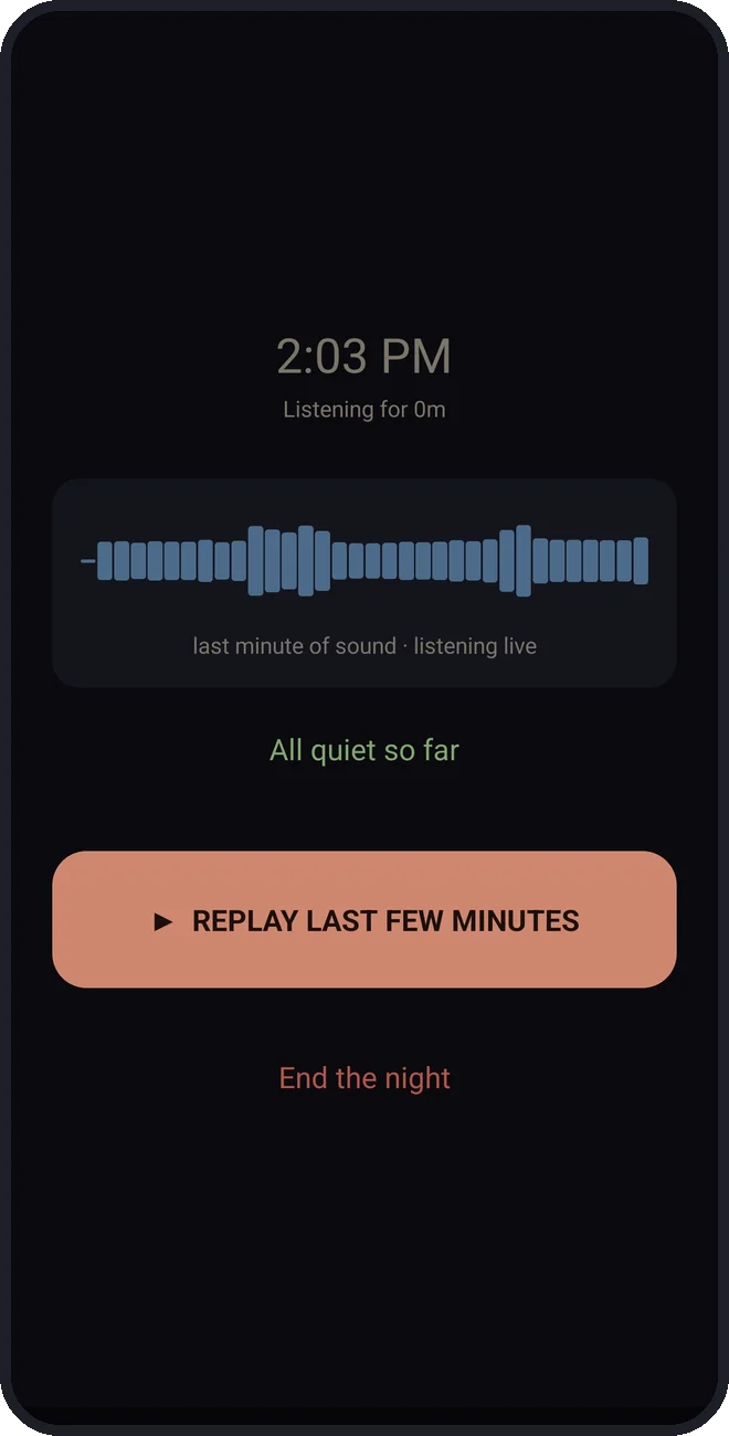 EarWitness listening through the night showing a live waveform and All quiet so far