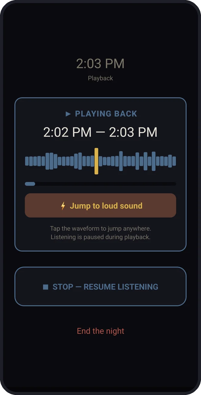 EarWitness playback screen with a jump to loud sound button